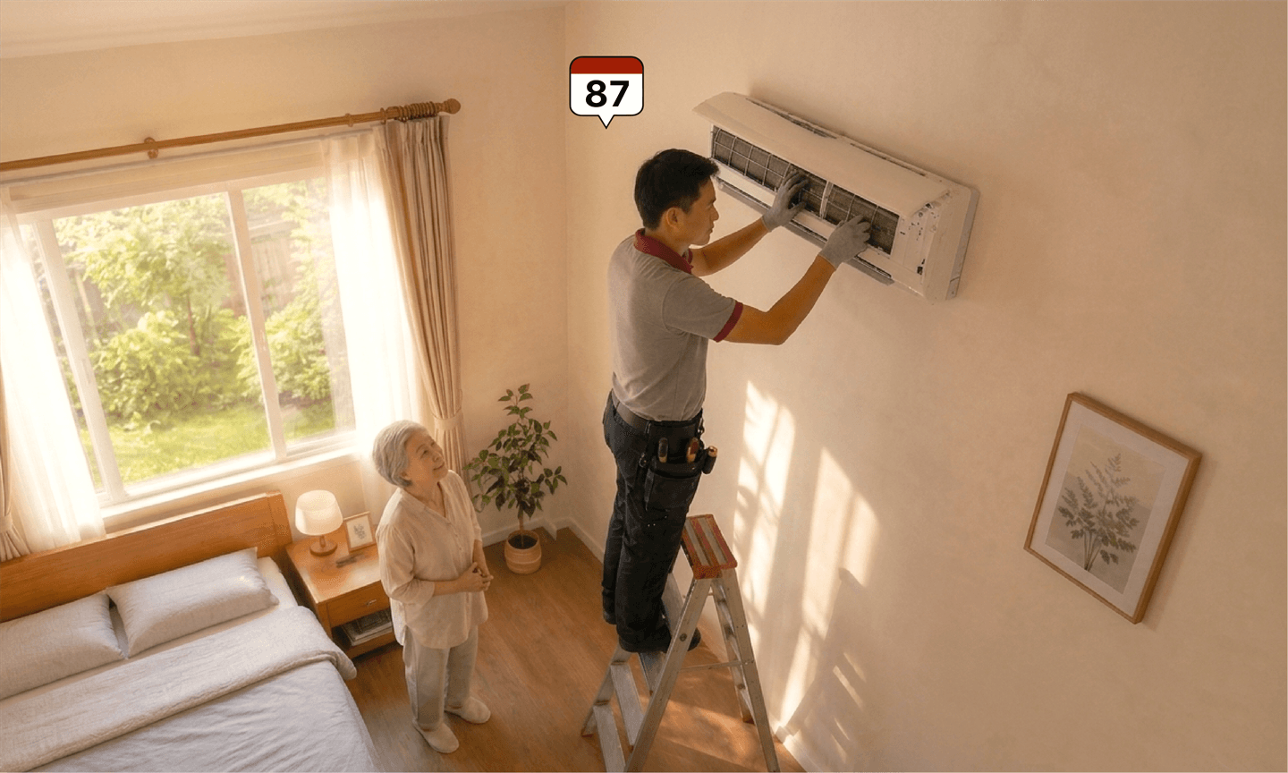 Helper cleaning an air conditioner for a homeowner
